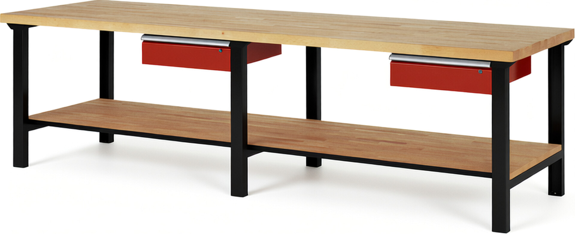 RAU Werkbank schwarz - rot - Breite 300 cm - Tiefe 90 cm - Höhe 84 cm - Buche-Massiv Arbeitsplatte 40 mm