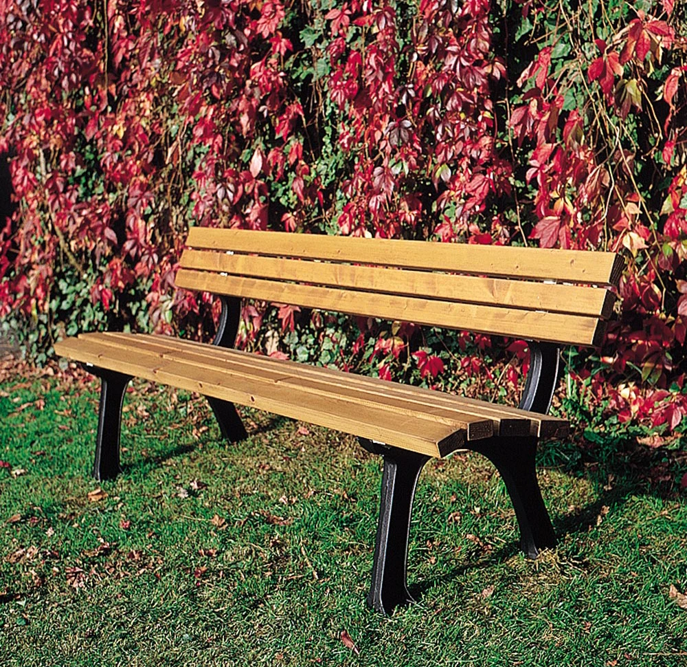 Parkbank mit Gußeisenfüßen und PVC-Latten,BxT(SitzT)xH 2000x410x780 mm, braun