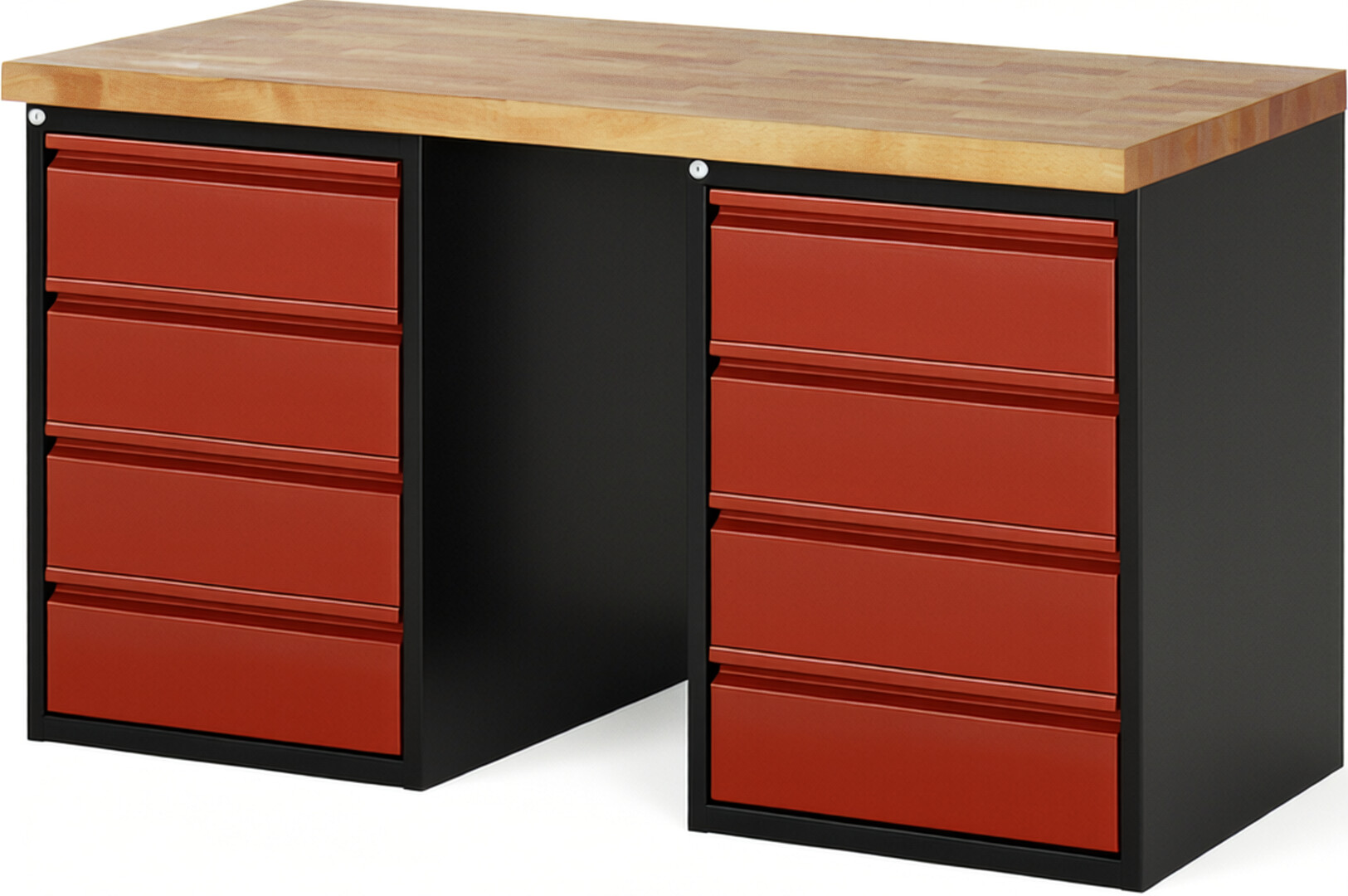 Werkbank - Modell 7509 BASIC schwarz-rot, BxTxH 1500x700x890 mm,  Buche-Massiv Arbeitsplatte 40 mm,  8 Schubladen mit  Auszug 90 %