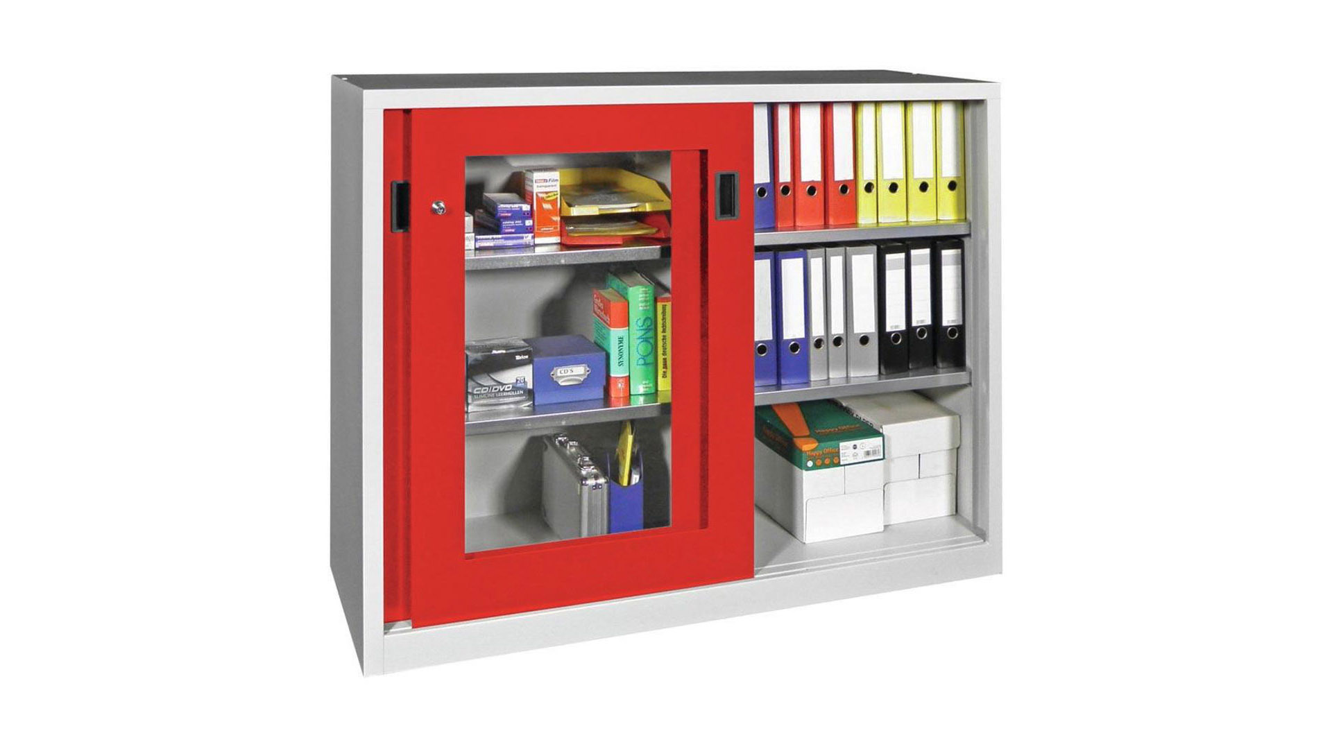 Schiebetürenschrank - Sichtfenstertüren - 1.200x1.500x400 mm (HxBxT) - 4 Böden, verzinkt - Zylinderschloss - lichtgrau/feuerrot