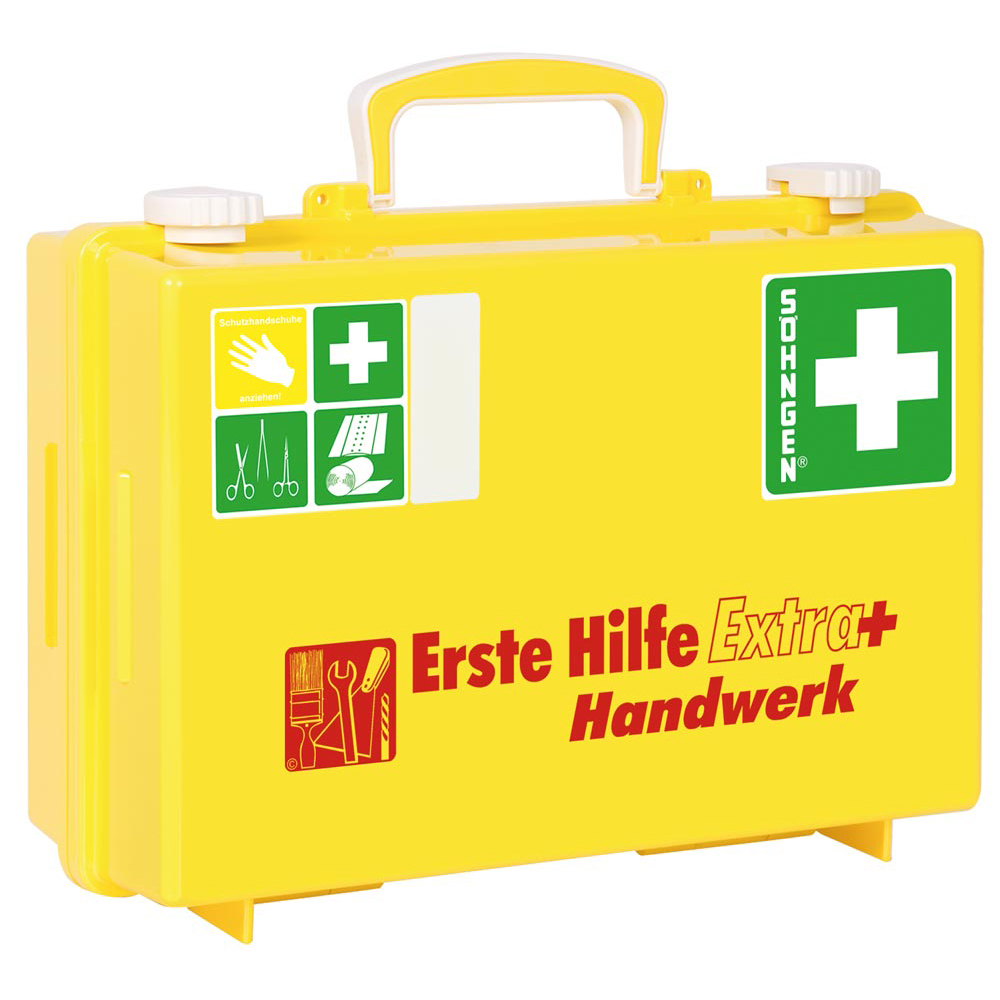 Betriebsverbandkasten Erste-Hilfe Extra+Handwerk, nach DIN 13157, leuchtgelb mit signalrot