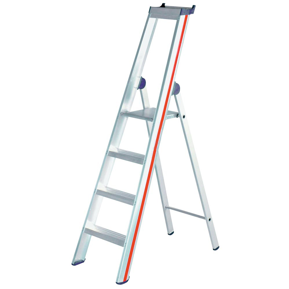 Stufen-Stehleiter, einseitig begehbar, mit tiefer Ablageschale + Einhängemöglichkeit für Eimer, senk. Länge 1560 mm, 4 Stufen, Gewicht 5,8 kg