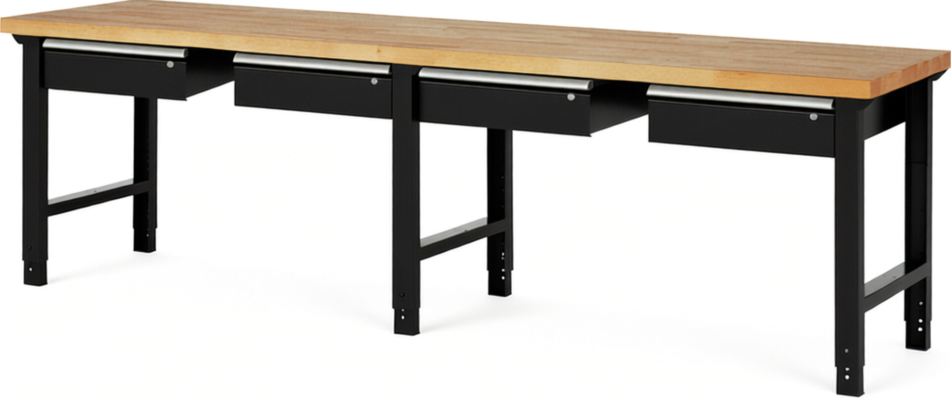 Werkbank Modell 7002 schwarz, BxTxH 3000x700x790-1140 mm,  Buche-Massiv Arbeitsplatte 40 mm,  4 Schubladen mit  Auszug 90 %