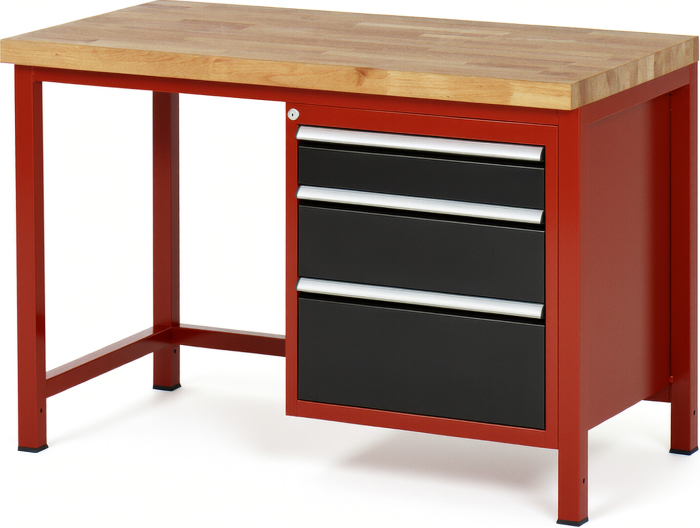 Werkbank Modell 8159 rot - schwarz, BxTxH 1250x700x840-1040 mm,  Buche-Massiv Arbeitsplatte 40 mm,  3 Schubladen mit  Vollauszug 100 % und  SoftClosing