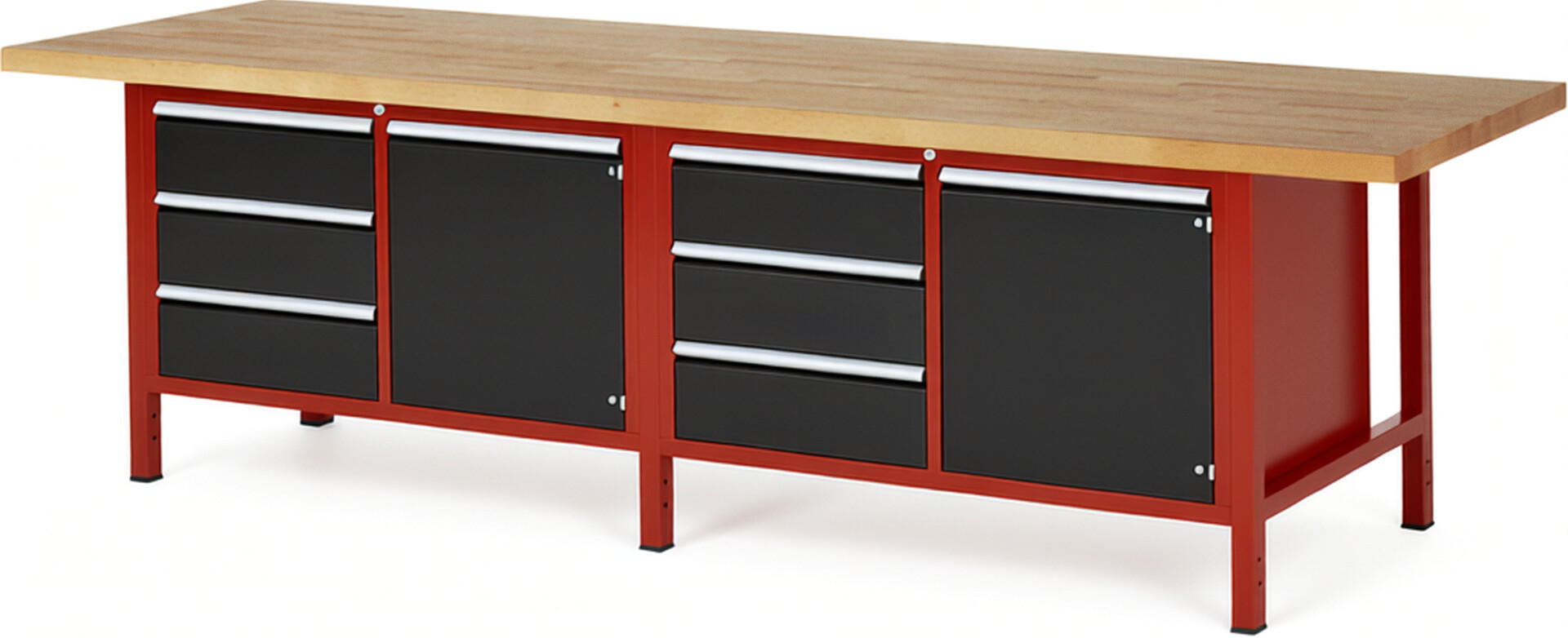 Werkbank Modell 8468 rot - schwarz, BxTxH 3000x900x840 mm,  Buche-Massiv Arbeitsplatte 40 mm,  6 Schubladen mit  Vollauszug 100 % und  SoftClosing