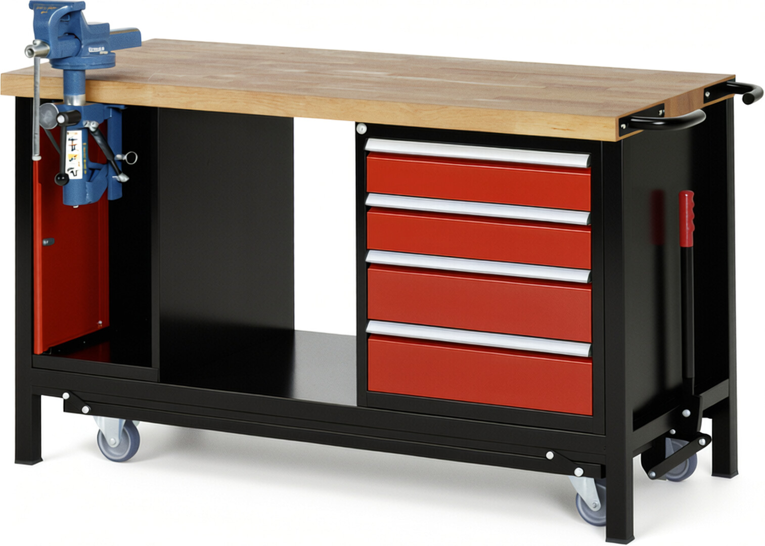 RAU Werkbank schwarz - rot - Breite 150 cm - Tiefe 70 cm - Höhe 88 cm - Buche-Massiv Arbeitsplatte 40 mm