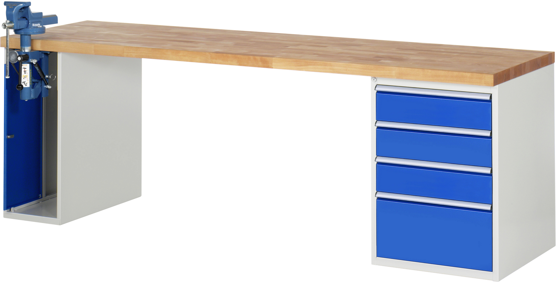 Werkbank Modell 7510 rot - schwarz, BxTxH 2500x700x890 mm,  Buche-Massiv Arbeitsplatte 40 mm,  4 Schubladen mit  Auszug 90 %