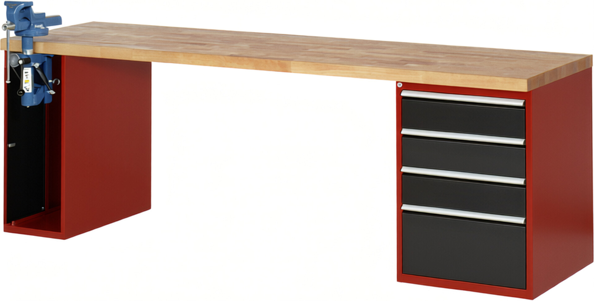 Werkbank Modell 7510 rot - schwarz, BxTxH 2500x700x890 mm,  Buche-Massiv Arbeitsplatte 40 mm,  4 Schubladen mit  Auszug 90 %