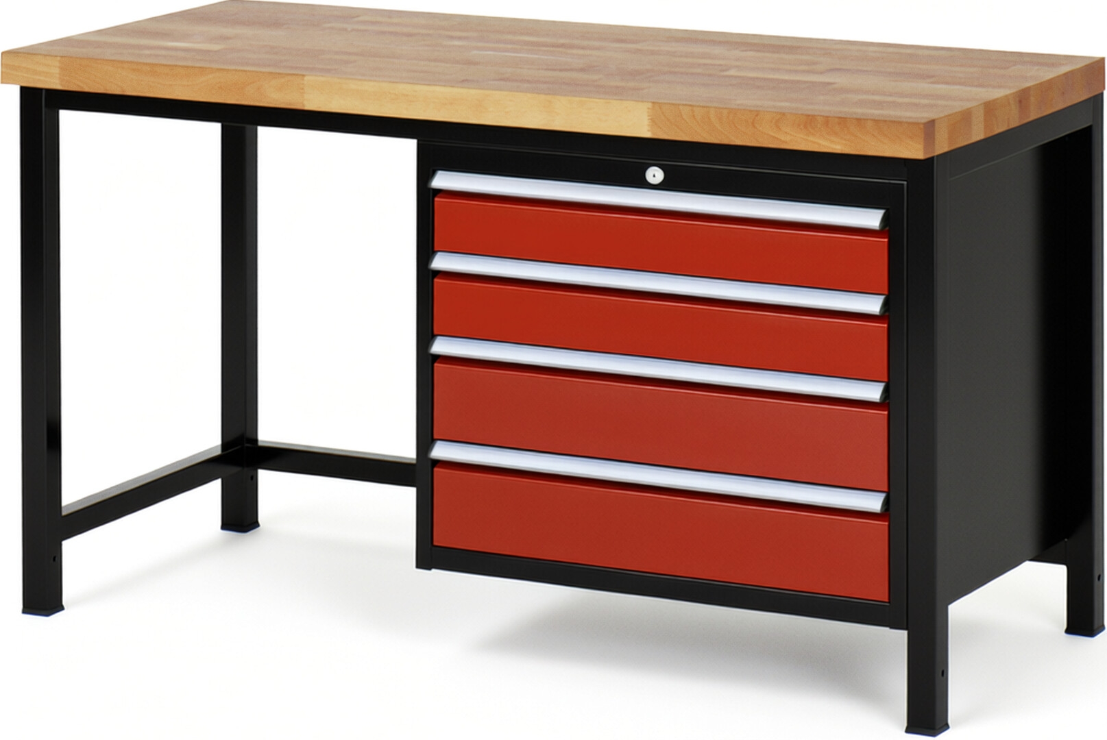 RAU Werkbank schwarz - rot - Breite 150 cm - Tiefe 70 cm - Höhe 104 cm - Buche-Massiv Arbeitsplatte 40 mm