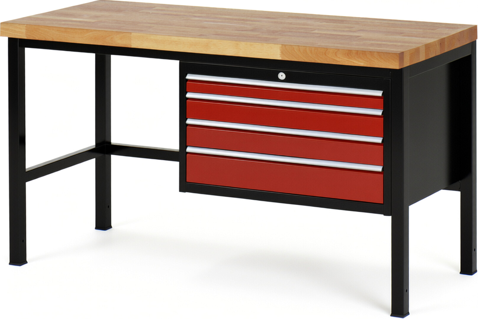 RAU Werkbank schwarz - rot - Breite 150 cm - Tiefe 70 cm - Höhe 104 cm - Buche-Massiv Arbeitsplatte 40 mm