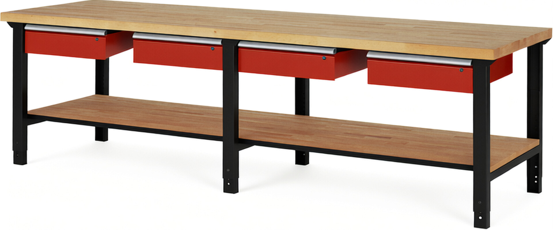 RAU Werkbank schwarz - rot - Breite 300 cm - Tiefe 90 cm - Höhe 114 cm - Buche-Massiv Arbeitsplatte 40 mm