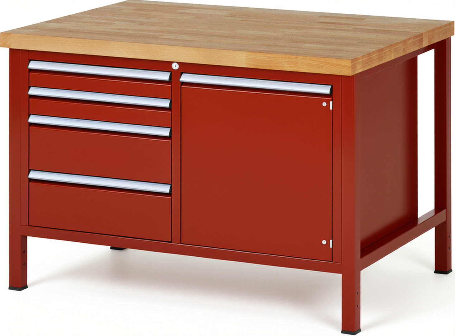 Werkbank Modell 8470 rot, BxTxH 1250x900x840-1040 mm,  Buche-Massiv Arbeitsplatte 40 mm,  4 Schubladen mit  Auszug 90 %