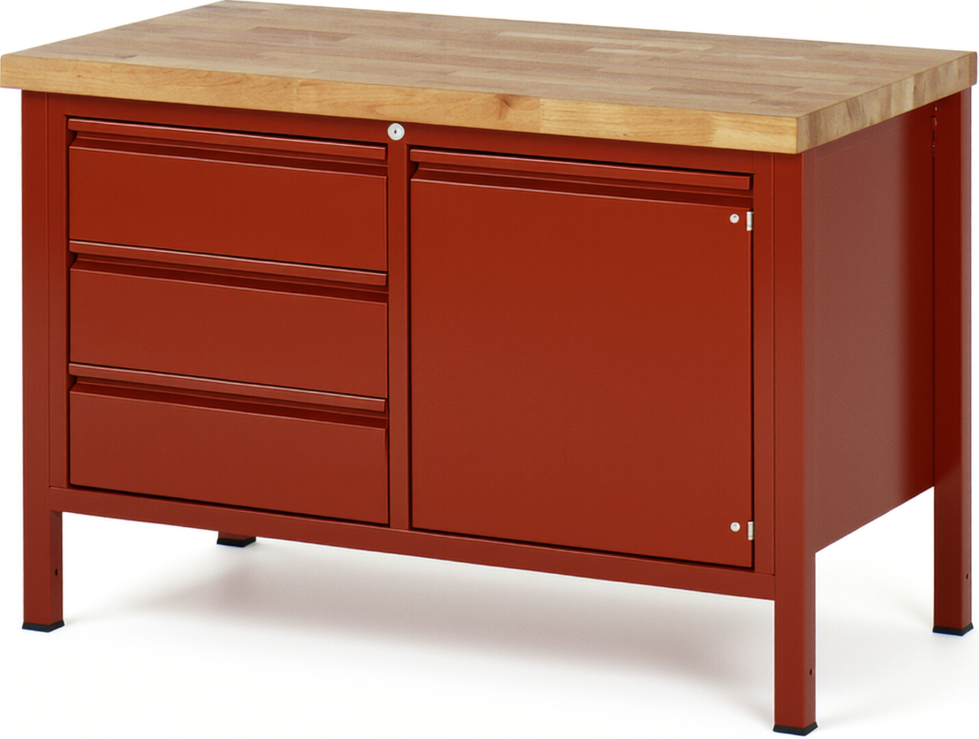 Werkbank rot, BxTxH 1250x700x840-1040 mm, Platte Buche 40 mm, 3 Schubladen 180 mm, 1 Tür 540 mm, 1 Fachboden, RAL 3000/3000