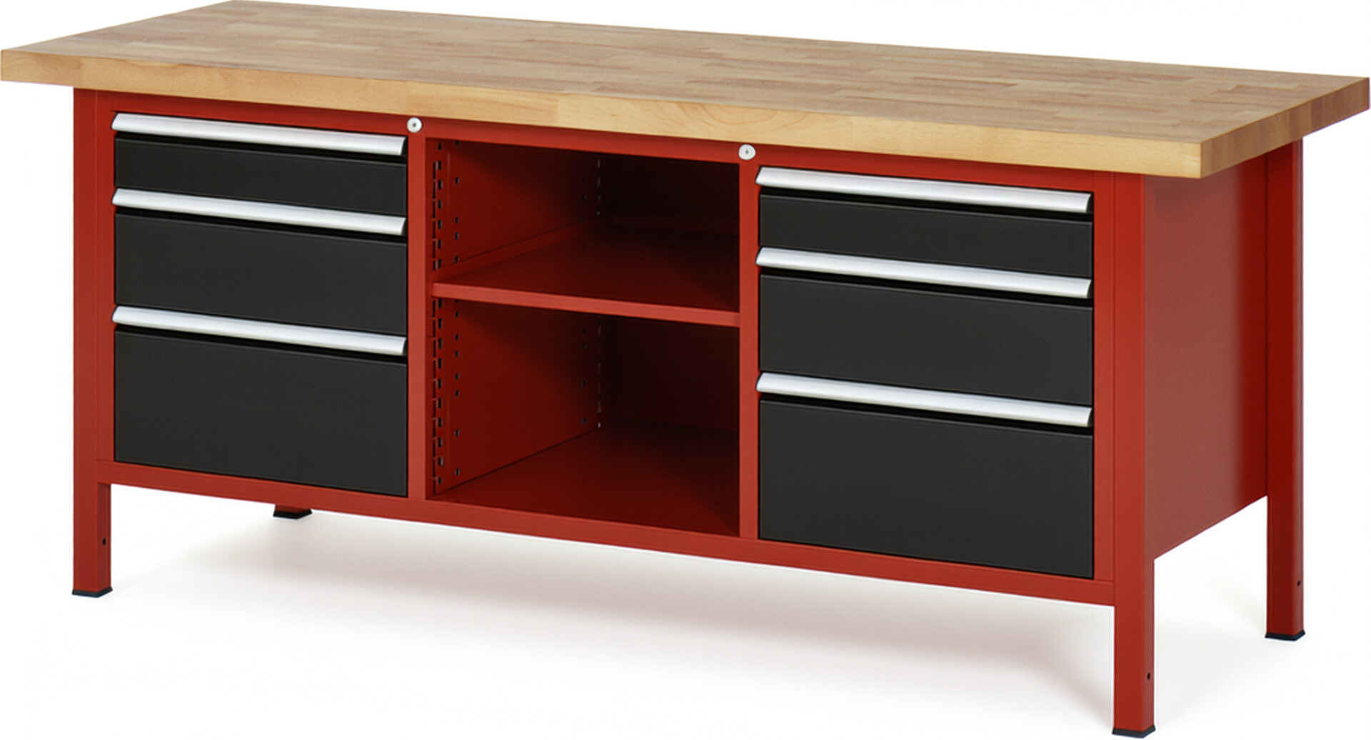 Werkbank Modell 8564 rot - schwarz, BxTxH 2000x700x840 mm,  Buche-Massiv Arbeitsplatte 40 mm,  6 Schubladen mit  Auszug 90 %