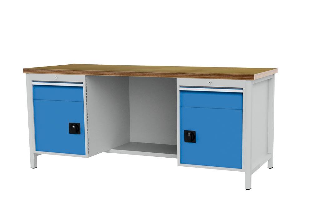 Werkbank, Platte Buche Multiplex 40 mm, BxTxH 2000x750x859 mm, 2 Schubladen 150mm,  2 Türen 450 mm, RAL 7035/5012