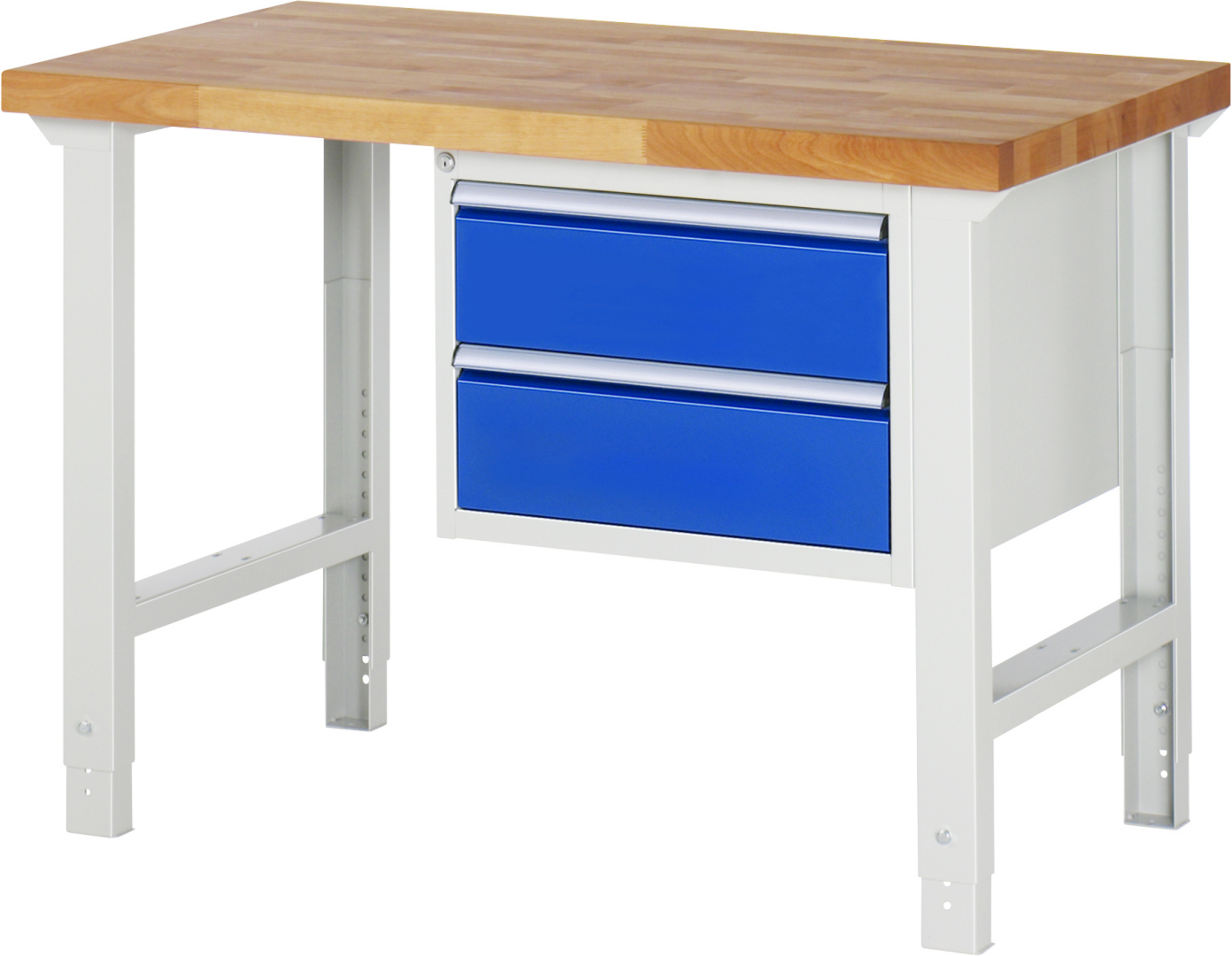 Werkbank Modell 7125 rot - schwarz, BxTxH 1250x700x790-1140 mm,  Buche-Massiv Arbeitsplatte 40 mm,  2 Schubladen mit  Auszug 90 %