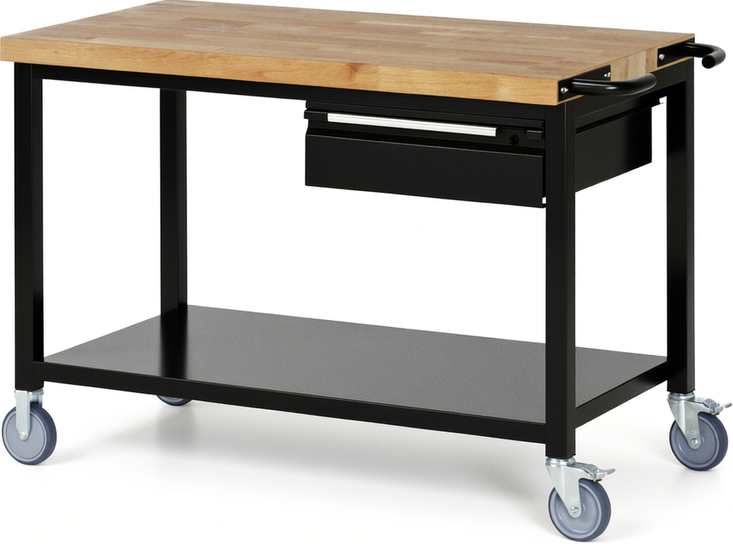 Fahrbare Werkbank - Modell 8001 BASIC schwarz, BxTxH 1250x700x880 mm,  Buche-Massiv Arbeitsplatte 40 mm,  1 Schublade mit  Auszug 90 %