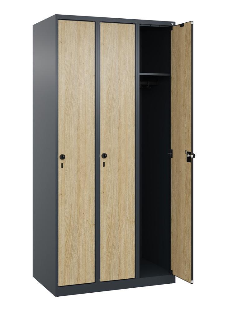 Garderobenschrank, bodenstehend, 3 Abt., Abt.B 300 mm, BxTxH 900x500x1850 mm, HPL-Dekorfront, RAL 7016/Dekor Eiche-Sereno