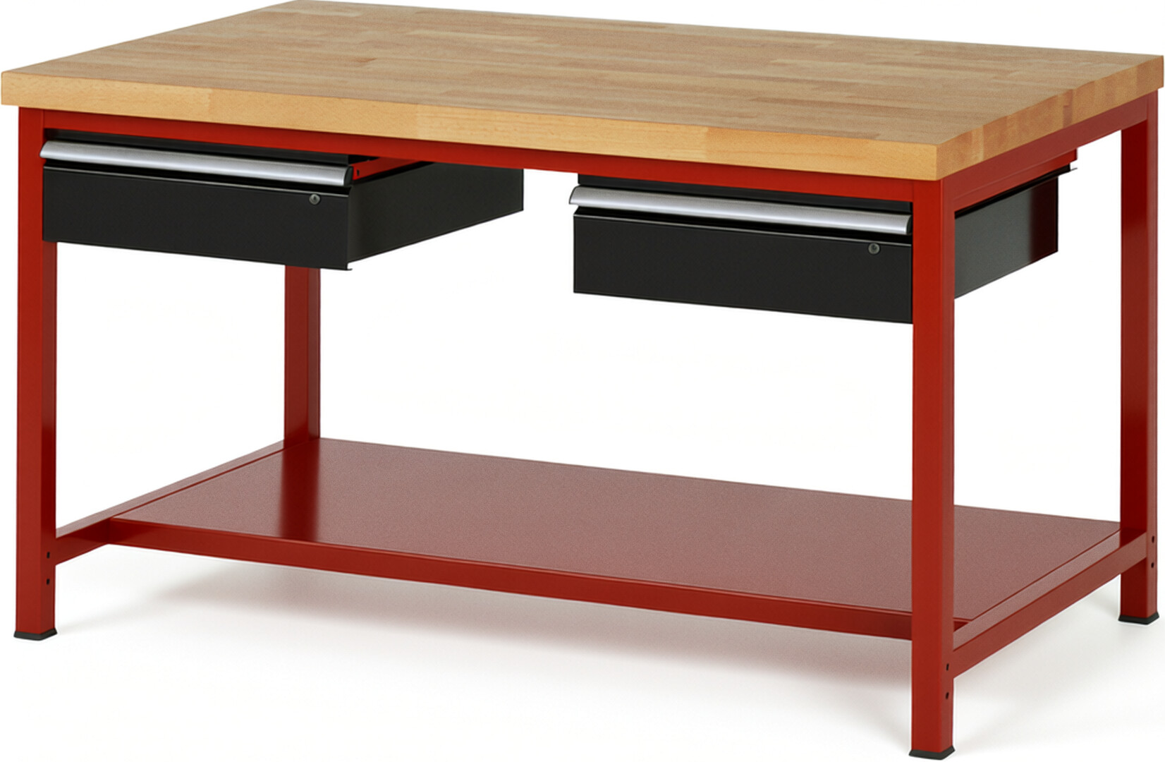 RAU Werkbank rot - schwarz - Breite 150 cm - Tiefe 90 cm - Höhe 104 cm - Buche-Massiv Arbeitsplatte 40 mm