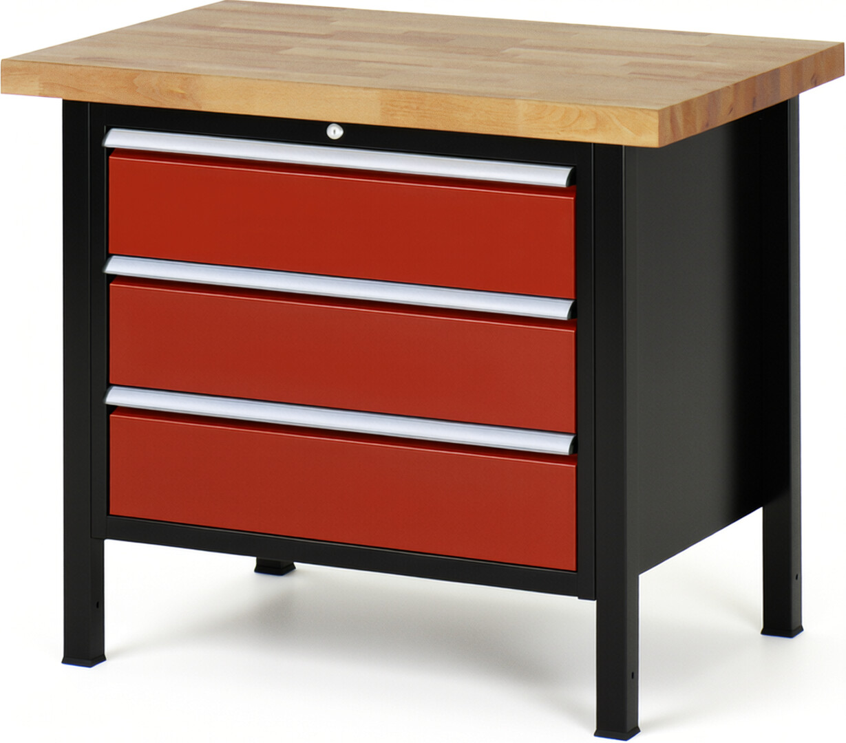 Werkbank Modell 8257 schwarz-rot, BxTxH 1000x700x840-1040 mm,  Buche-Massiv Arbeitsplatte 40 mm,  3 Schubladen mit  Vollauszug 100 % und  SoftClosing