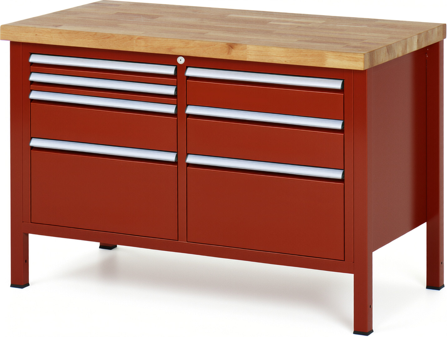 Werkbank Modell 8476 rot, BxTxH 1250x700x840-1040 mm,  Buche-Massiv Arbeitsplatte 40 mm,  7 Schubladen mit  Vollauszug 100 % und  SoftClosing
