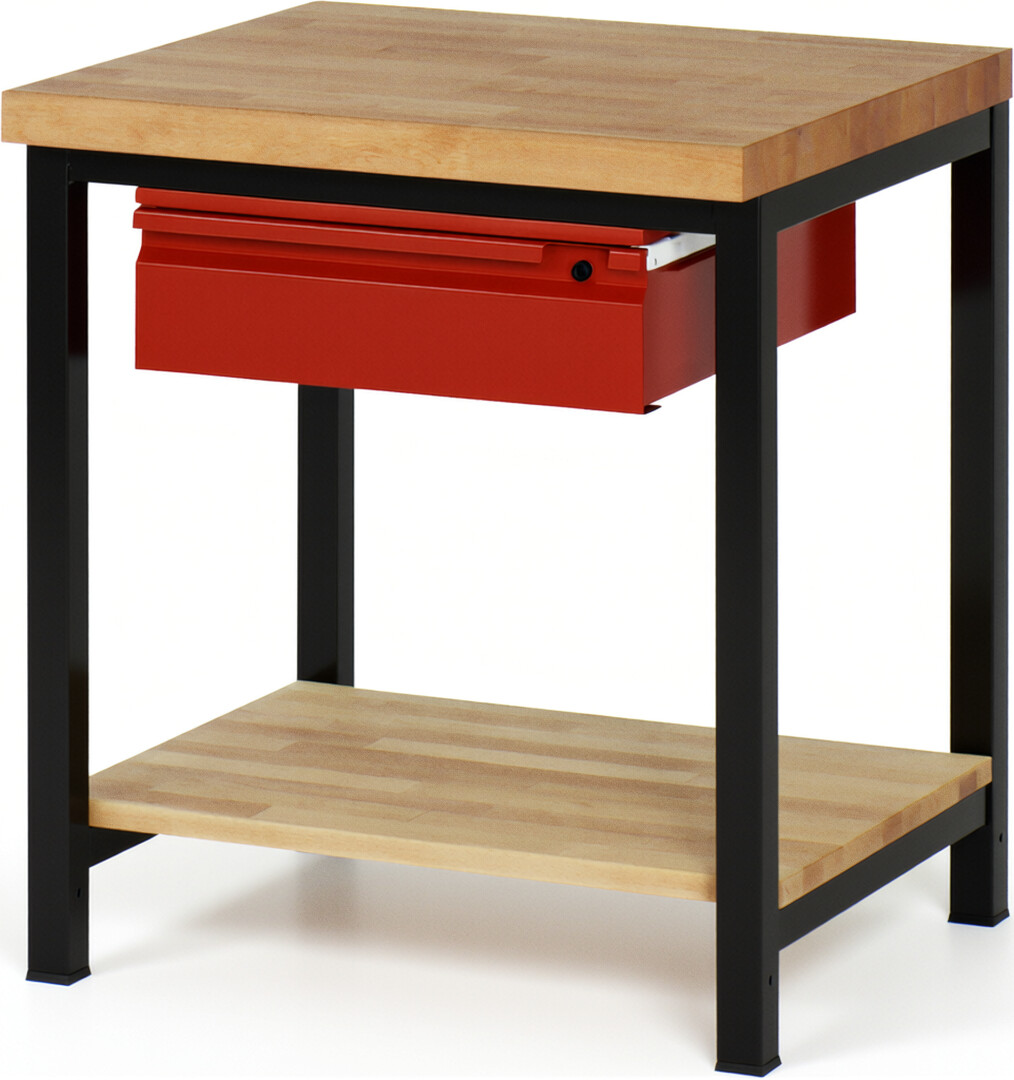 RAU Werkbank schwarz - rot - Breite 75 cm - Tiefe 70 cm - Höhe 104 cm - Buche-Massiv Arbeitsplatte 40 mm