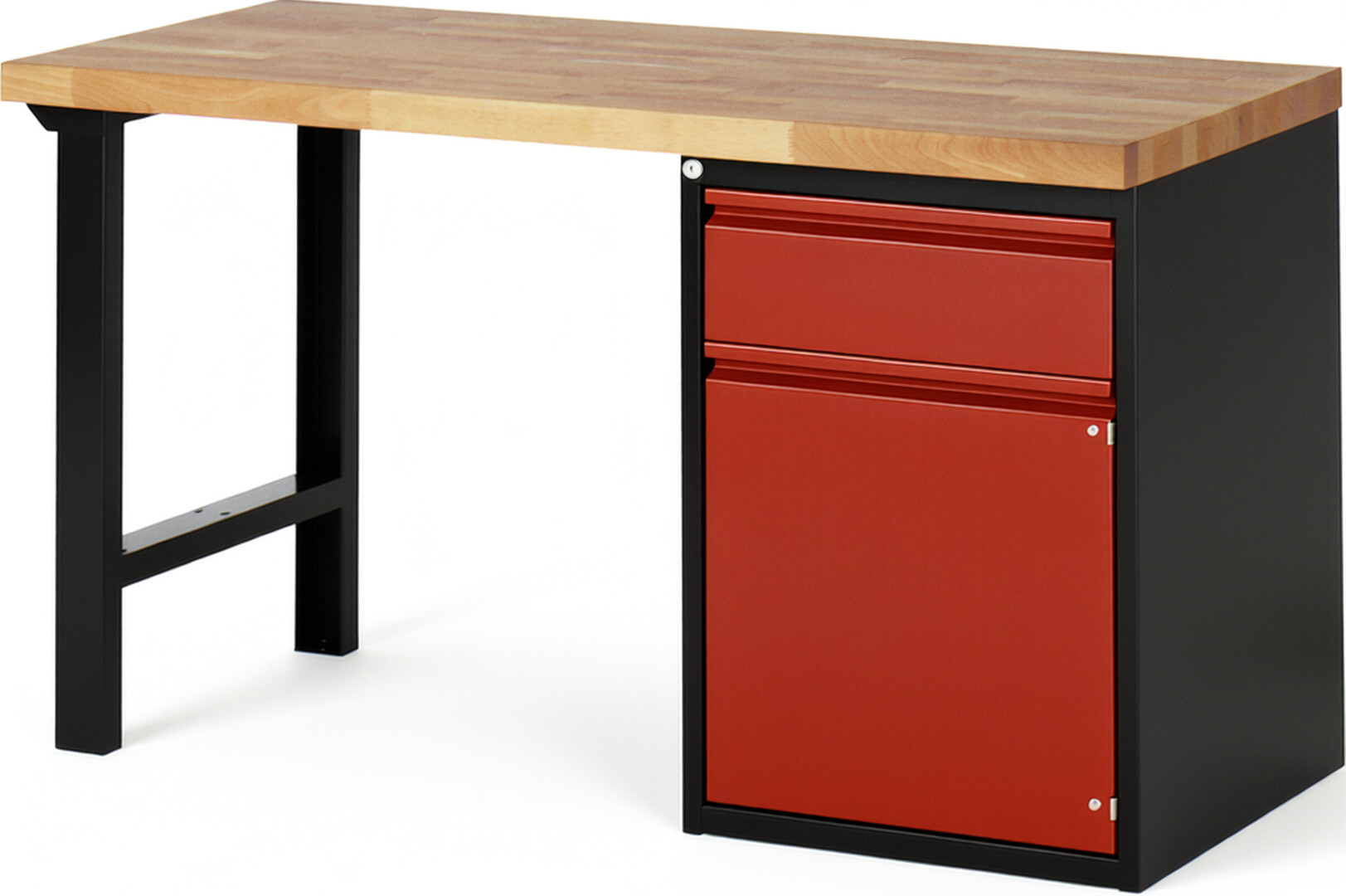 Werkbank schwarz - rot, Breite 150 cm, Tiefe 70 cm, Höhe 84 cm, 1 Schublade(n), Platte: Buche-Massiv-Arbeitsplatte