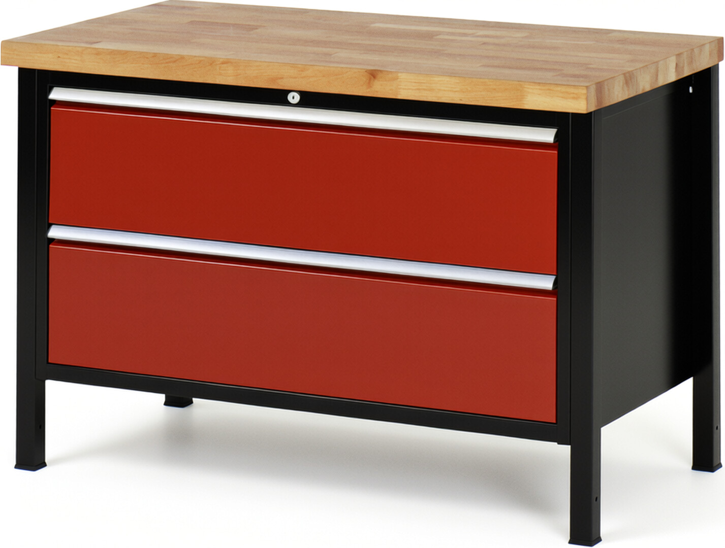 RAU Werkbank schwarz - rot - Breite 125 cm - Tiefe 70 cm - Höhe 104 cm - Buche-Massiv Arbeitsplatte 40 mm