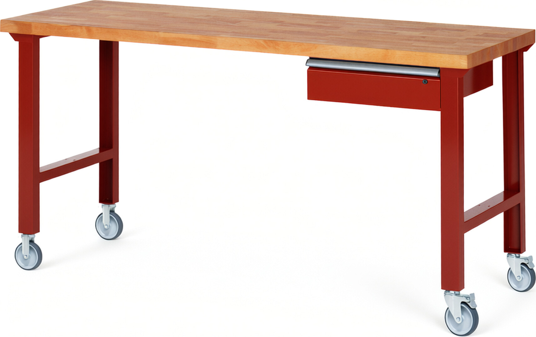 Fahrbare Werkbank Modell 7001 rot, BxTxH 2000x700x1000 mm,  Buche-Massiv Arbeitsplatte 40 mm,  1 Schublade mit  Auszug 90 %