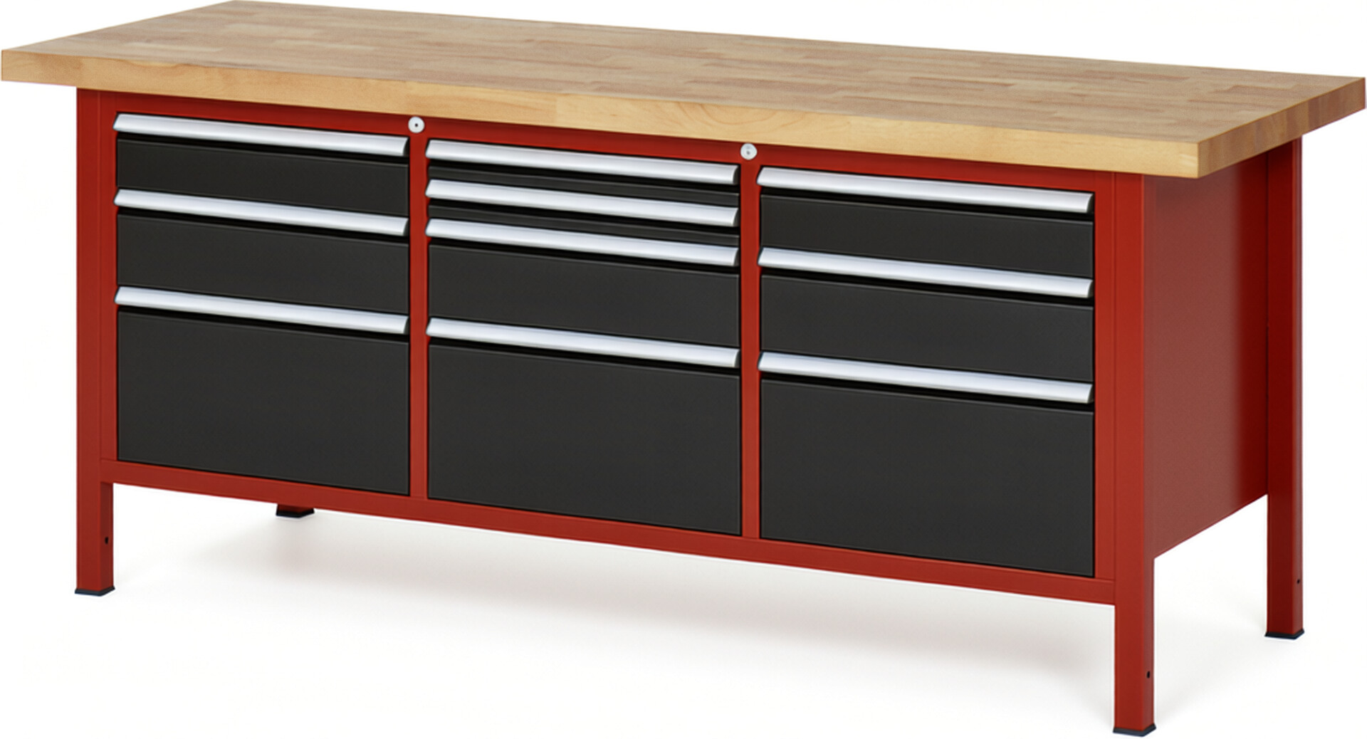 Werkbank Modell 8576 rot - schwarz, BxTxH 2000x700x840-1040 mm,  Buche-Massiv Arbeitsplatte 40 mm,  10 Schubladen mit  Vollauszug 100 % und  SoftClosing