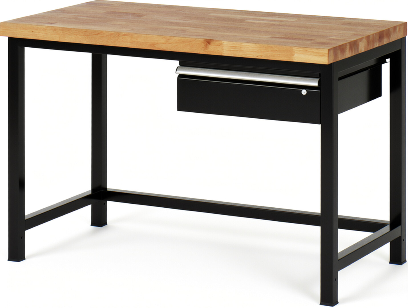 Werkbank Modell 8001 schwarz, BxTxH 1250x700x840-1040 mm,  Buche-Massiv Arbeitsplatte 40 mm,  1 Schublade mit  Auszug 90 %