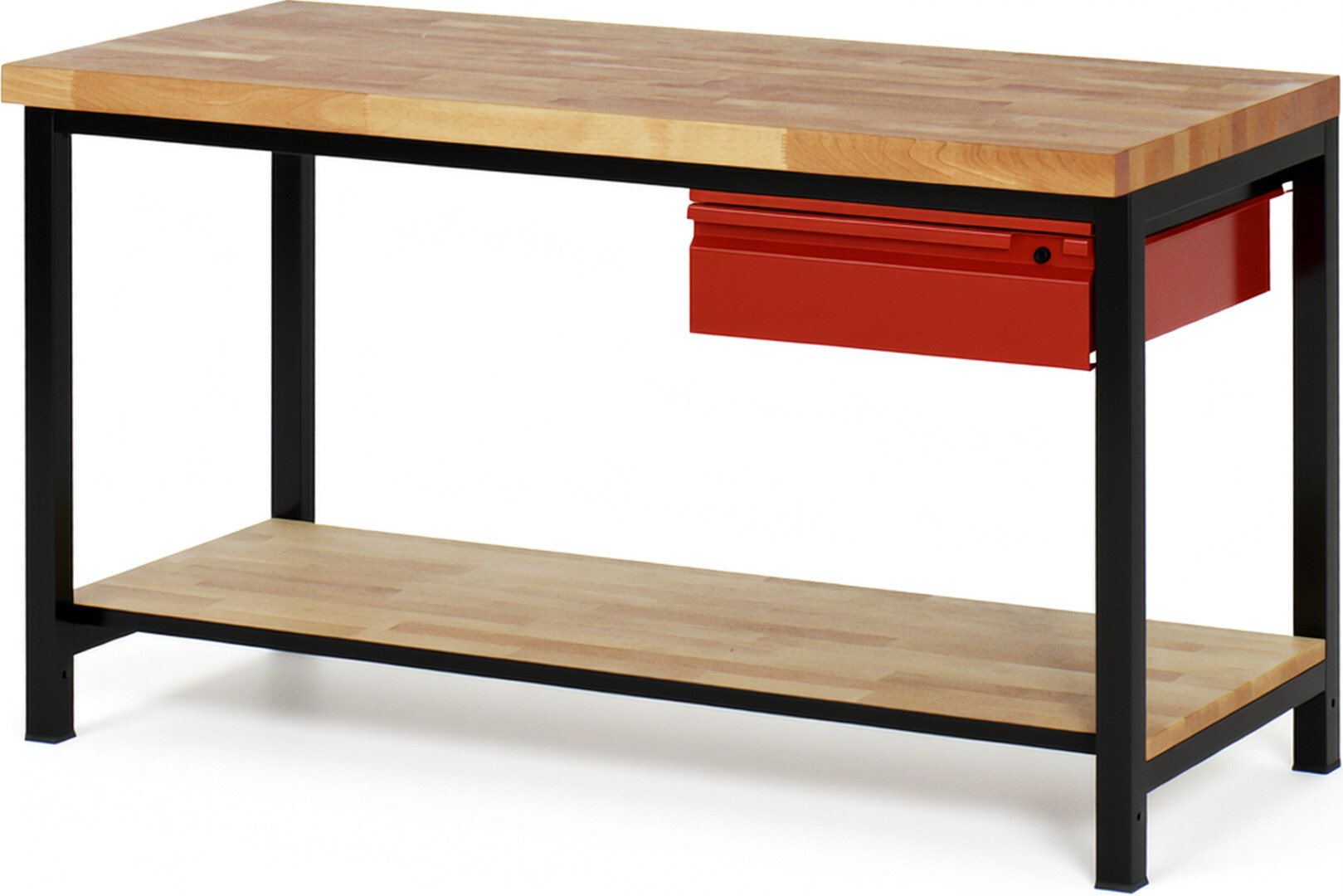 RAU Werkbank schwarz - rot - Breite 150 cm - Tiefe 70 cm - Höhe 104 cm - Buche-Massiv Arbeitsplatte 40 mm