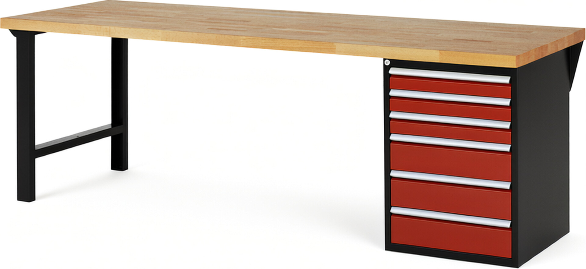 RAU Werkbank schwarz - rot - Breite 250 cm - Tiefe 90 cm - Höhe 84 cm - Buche-Massiv Arbeitsplatte 40 mm