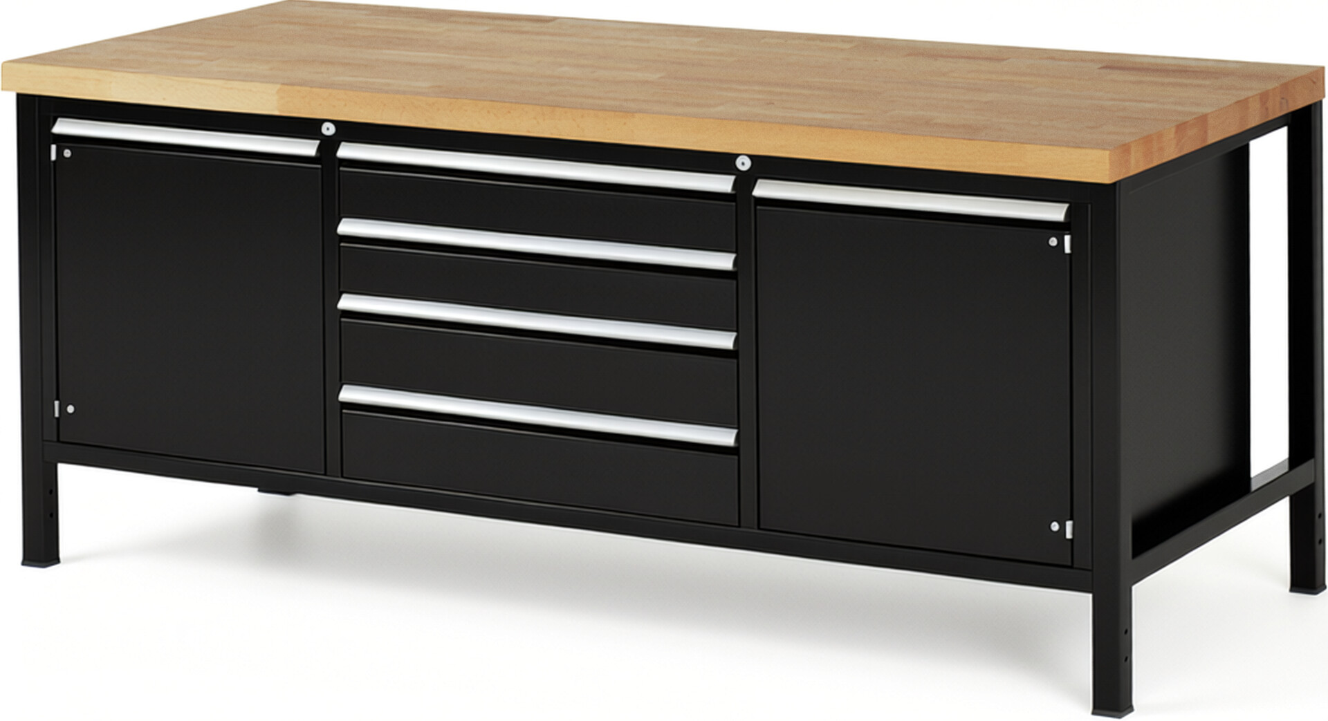 Werkbank Modell 8752 schwarz, BxTxH 2000x900x840-1040 mm,  Buche-Massiv Arbeitsplatte 40 mm,  4 Schubladen mit  Auszug 90 %