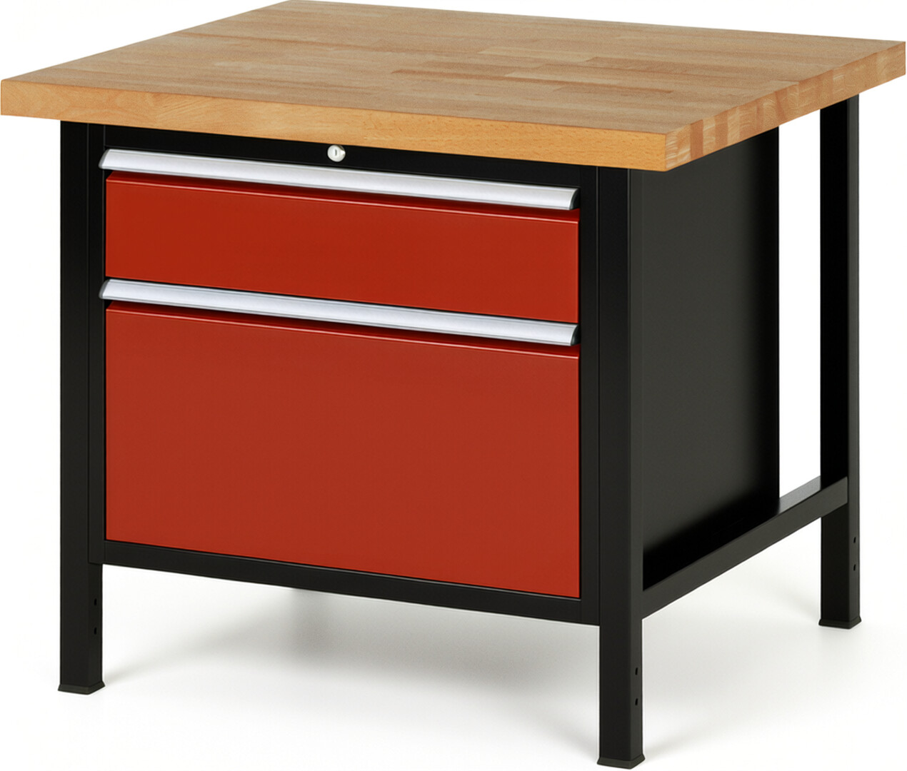 Werkbank Modell 8256 schwarz-rot, BxTxH 1000x900x840-1040 mm,  Buche-Massiv Arbeitsplatte 40 mm,  2 Schubladen mit  Auszug 90 %