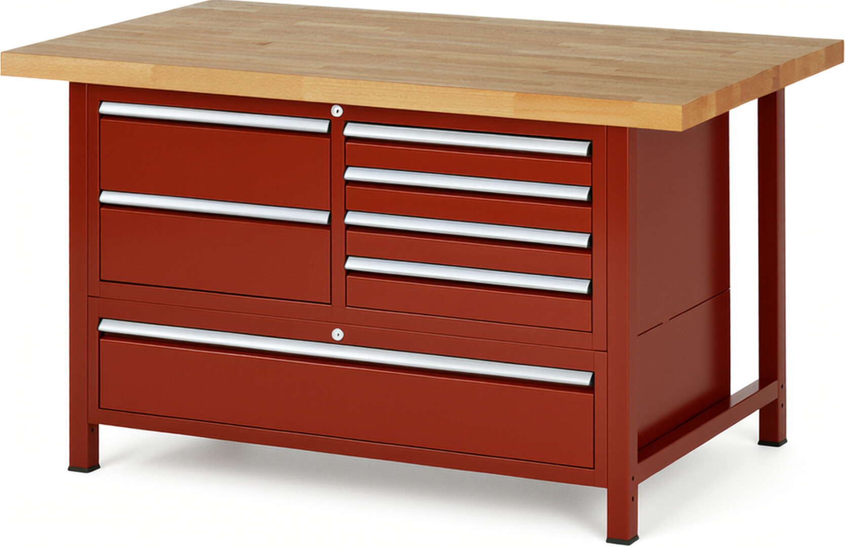 RAU Werkbank rot - Breite 150 cm - Tiefe 90 cm - Höhe 104 cm - Buche-Massiv Arbeitsplatte 40 mm