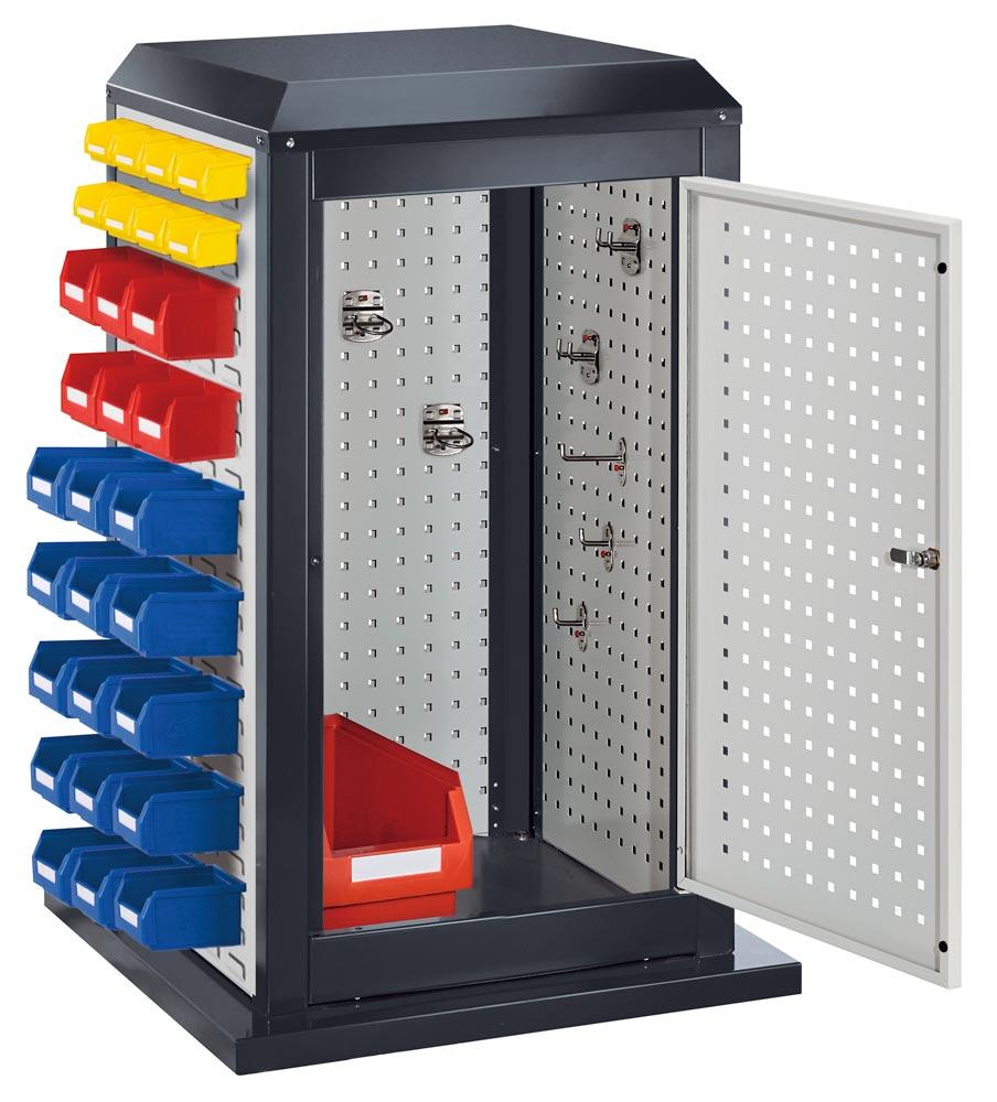 Lochplatten, Tool-Tower klein, BxTxH 700x700x1100 mm, stationär, 1 Tür, 3 Platten, RAL 7016/7035