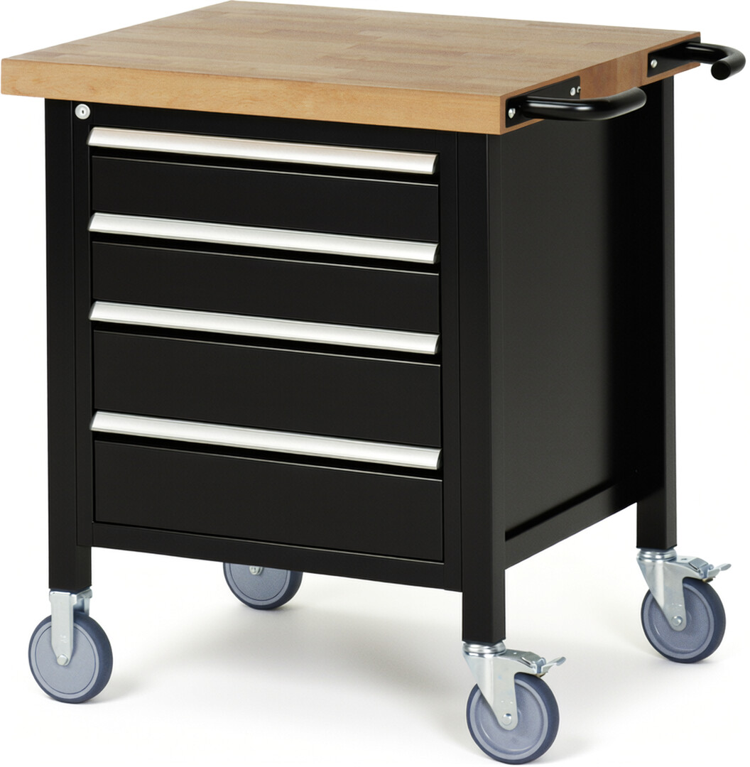 RAU Werkbank schwarz - Breite 75 cm - Tiefe 70 cm - Höhe 108 cm - Buche-Massiv Arbeitsplatte 40 mm