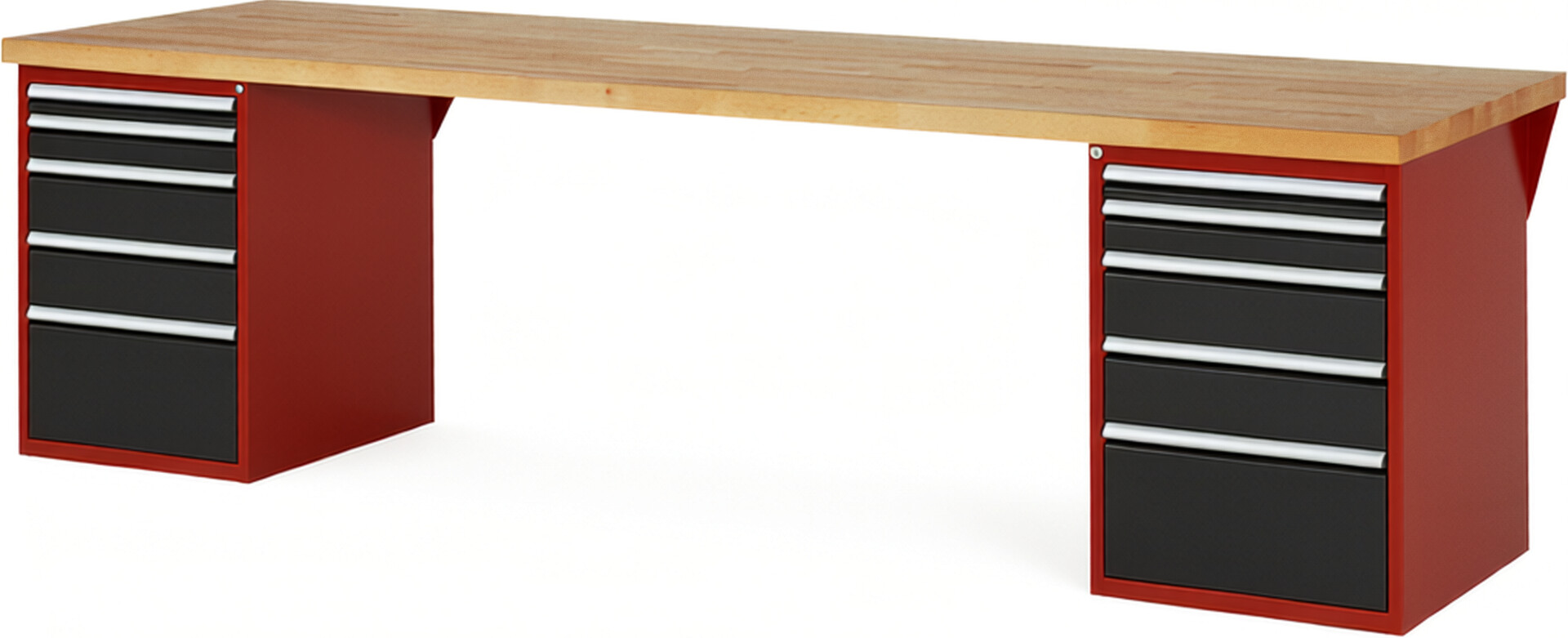 Werkbank Modell 7511 rot - schwarz, BxTxH 3000x900x890 mm,  Buche-Massiv Arbeitsplatte 40 mm,  10 Schubladen mit  Auszug 90 %