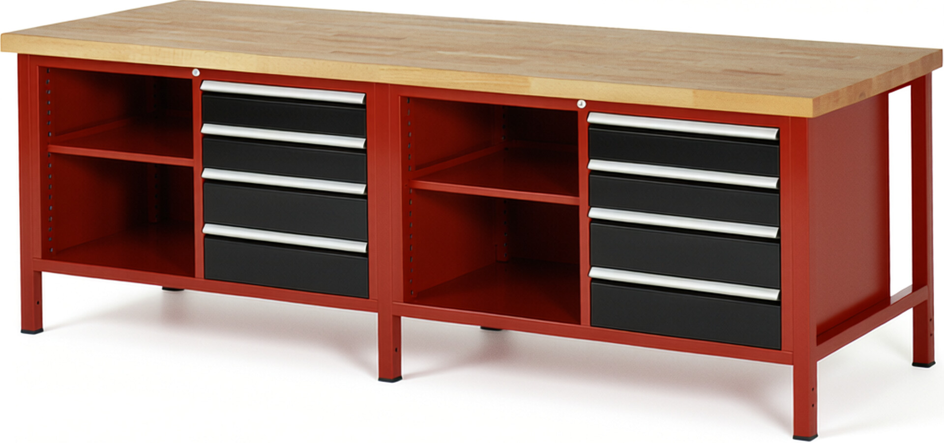 Werkbank Modell 8463 rot - schwarz, BxTxH 2500x900x840-1040 mm,  Buche-Massiv Arbeitsplatte 40 mm,  8 Schubladen mit  Auszug 90 %