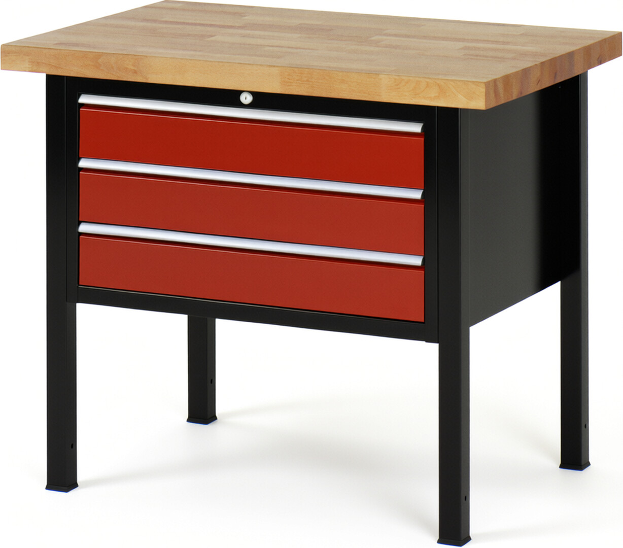 Werkbank Modell 8227 schwarz-rot, BxTxH 1000x700x840 mm,  Buche-Massiv Arbeitsplatte 40 mm,  3 Schubladen mit  Auszug 90 %