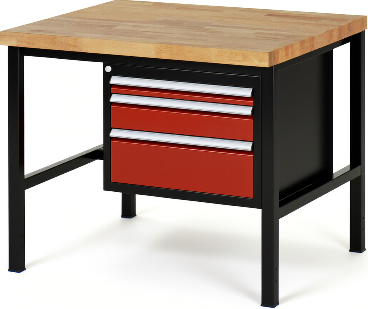 Werkbank Modell 8126 schwarz-rot, BxTxH 1000x900x840-1040 mm,  Buche-Massiv Arbeitsplatte 40 mm,  3 Schubladen mit  Auszug 90 %