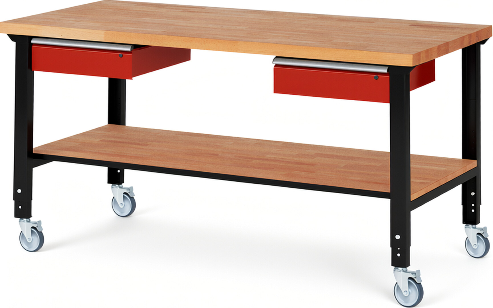 Fahrbare Werkbank Modell 7002 schwarz-rot, BxTxH 2000x900x950-1000 mm,  Buche-Massiv Arbeitsplatte 40 mm,  2 Schubladen mit  Auszug 90 %