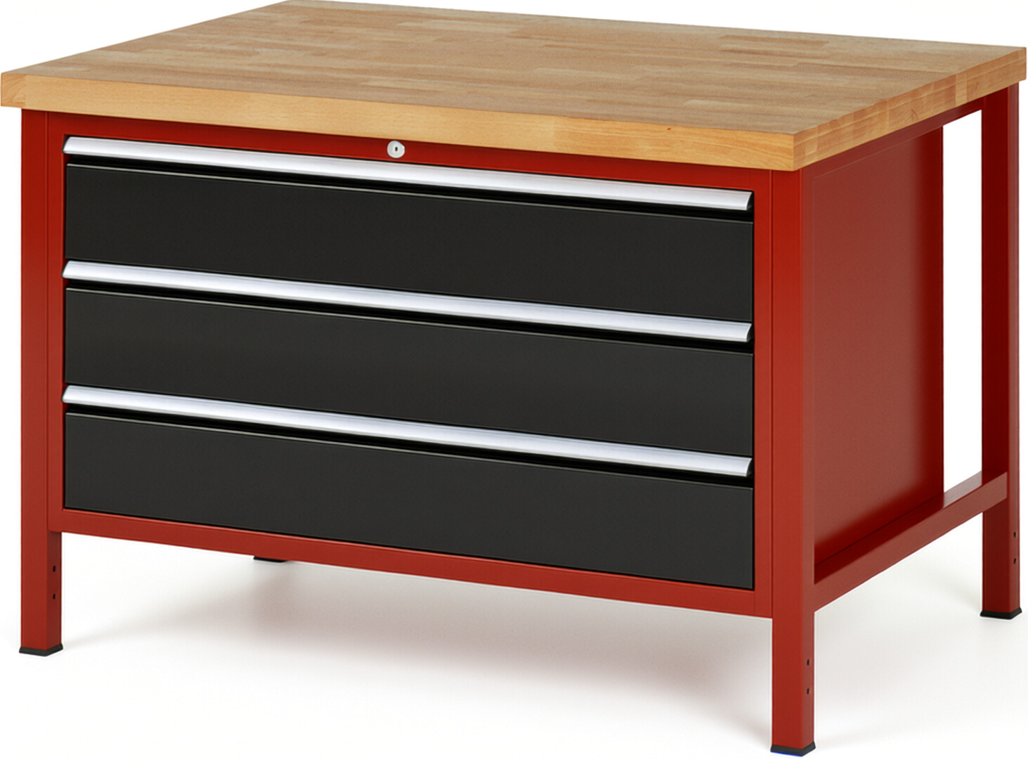 Werkbank Modell 8357 rot - schwarz, BxTxH 1250x900x840 mm,  Buche-Massiv Arbeitsplatte 40 mm,  3 Schubladen mit  Auszug 90 %