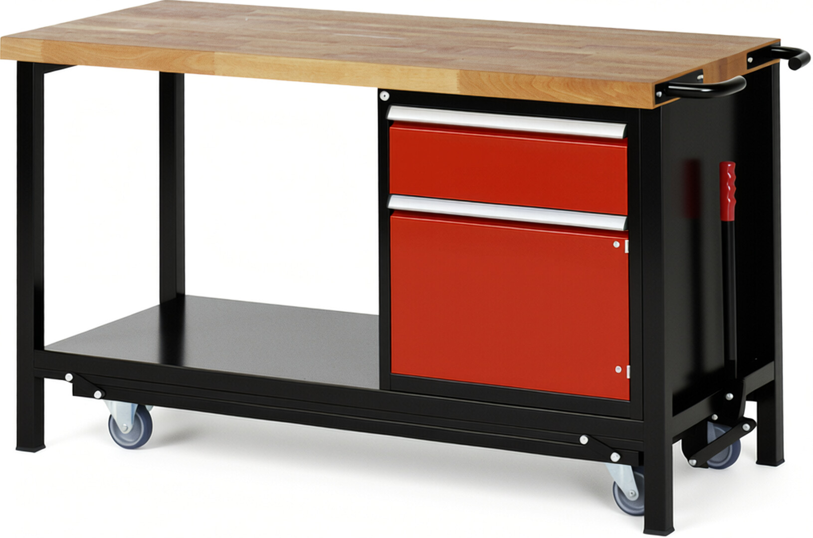 RAU Werkbank schwarz - rot - Breite 150 cm - Tiefe 70 cm - Höhe 88 cm - Buche-Massiv Arbeitsplatte 40 mm