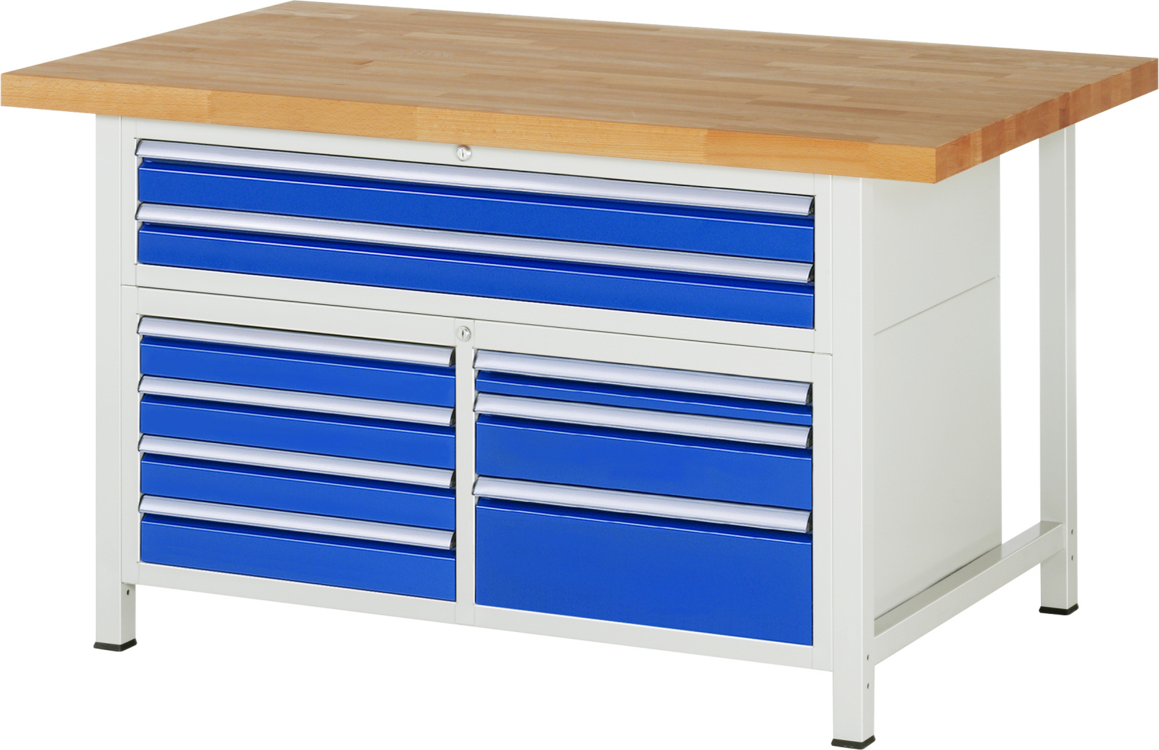 Werkbank Modell 8923 schwarz, BxTxH 1500x900x840-1040 mm,  Buche-Massiv Arbeitsplatte 40 mm,  9 Schubladen mit  Auszug 90 %