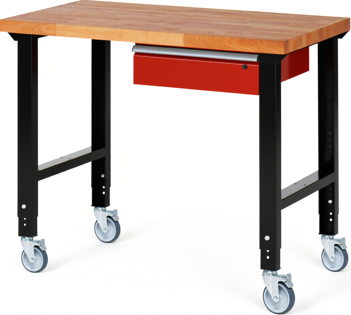 Fahrbare Werkbank Modell 7001 schwarz-rot, BxTxH 1250x700x950-1000 mm,  Buche-Massiv Arbeitsplatte 40 mm,  1 Schublade mit  Auszug 90 %