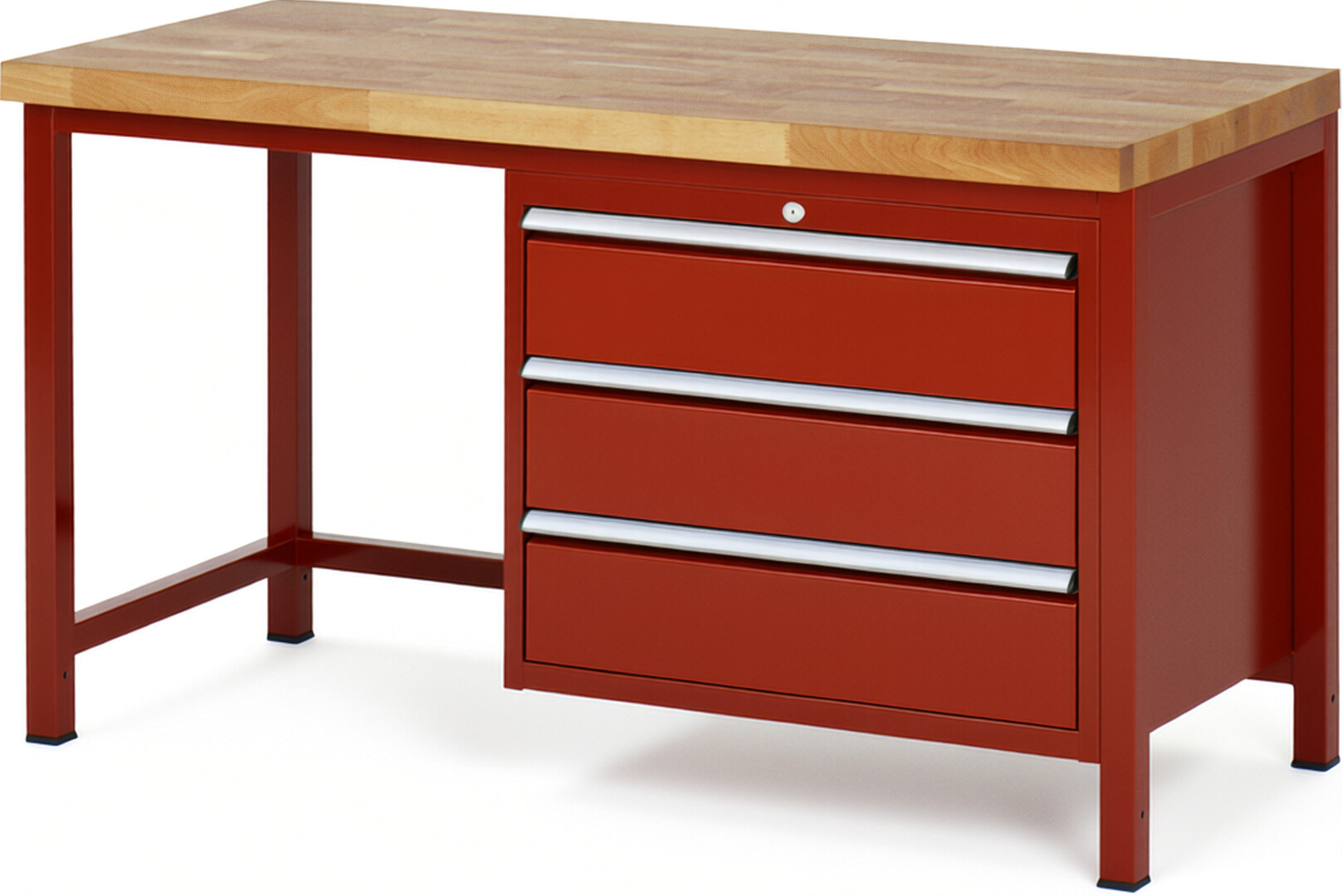 Werkbank Modell 8257 rot, BxTxH 1500x700x840 mm,  Buche-Massiv Arbeitsplatte 40 mm,  3 Schubladen mit  Vollauszug 100 % und  SoftClosing