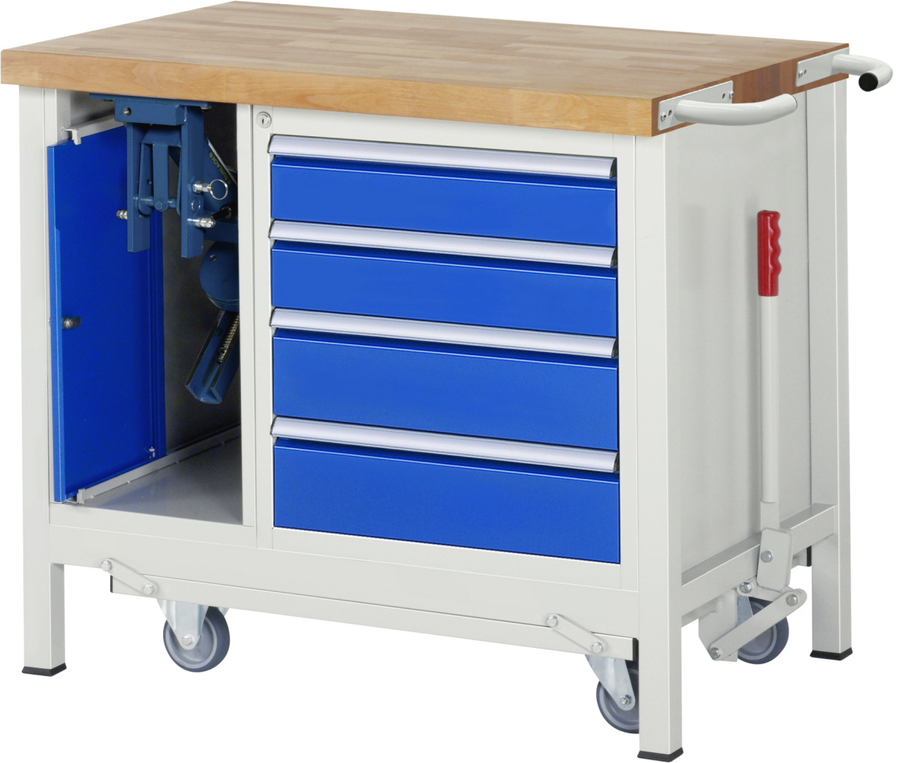 Absenkbare Werkbank Modell 8181 rot - schwarz, BxTxH 1250x700x880 mm,  Buche-Massiv Arbeitsplatte 40 mm,  1 Schublade mit  Vollauszug 100 % und  SoftClosing