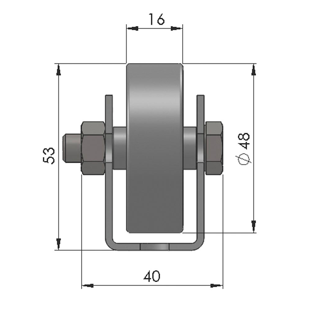 Universal-Rollenschiene, Profil 44x28x44x2 mm, verzinkt, Stahlrollen mit Kugellager, Traglast 20 kg/Rolle, Bauhöhe 53 mm, Achsabstand 125 mm